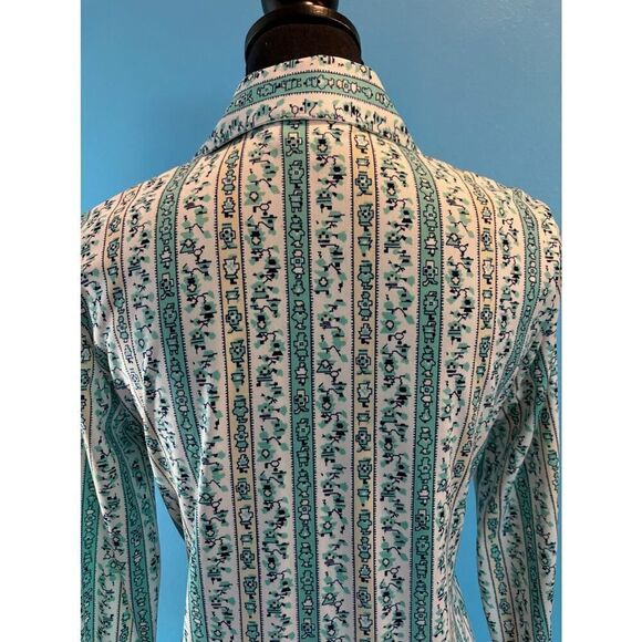 VTG Made in the USA KORET of California Women's Blouse Shirt Teal White Pattern - Picture 6 of 7